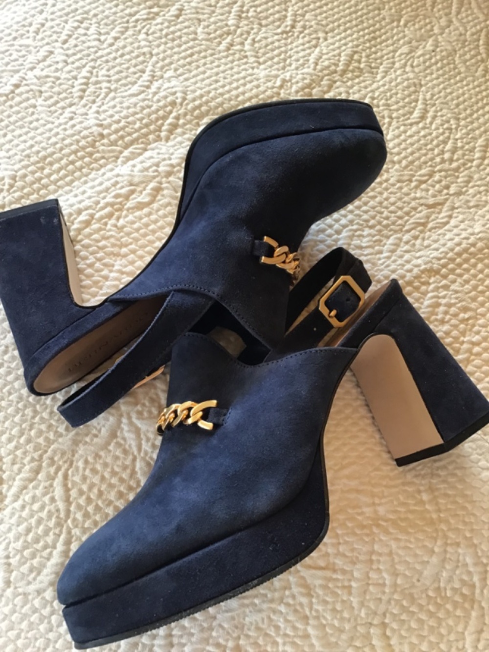 New Bernardo Napa platform sling back chain detail leather heel 7.5 navy - Picture 11 of 11